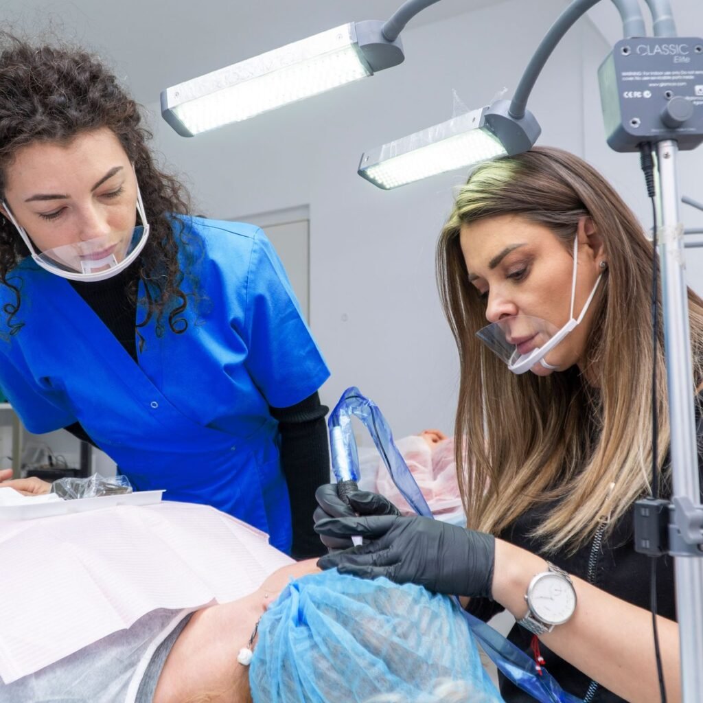 Formatoare a Colegiului de Estetică supraveghind practica unei cursante pe model